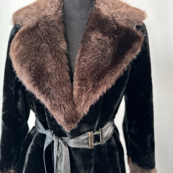 Vintage Faux Fur Trench Coat Boho Mob Wife 2 Tone Black Brown w/Belt  S/M - Picture 3 of 6